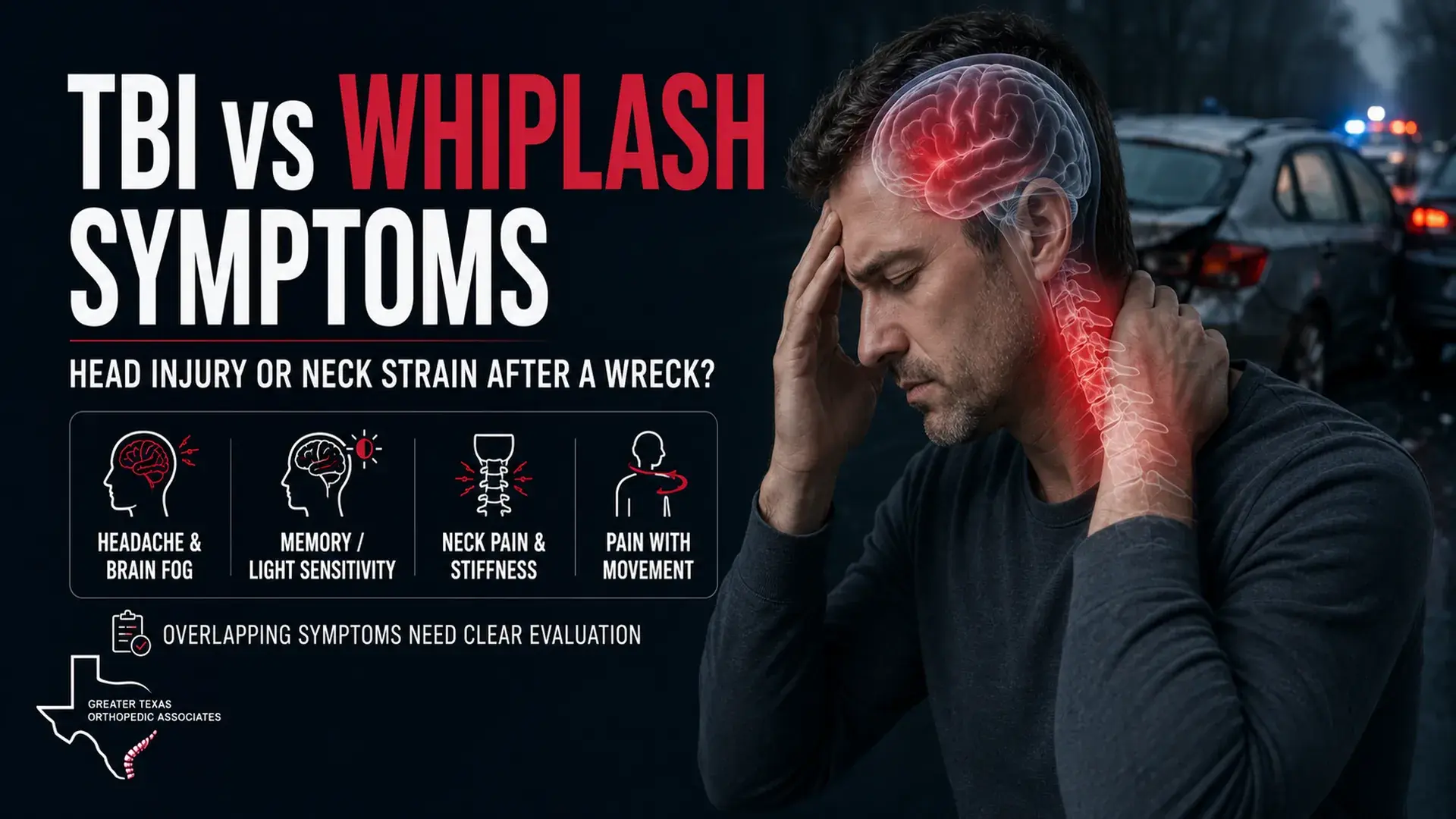 TBI vs whiplash symptoms diagram showing head injury and neck strain after a car accident